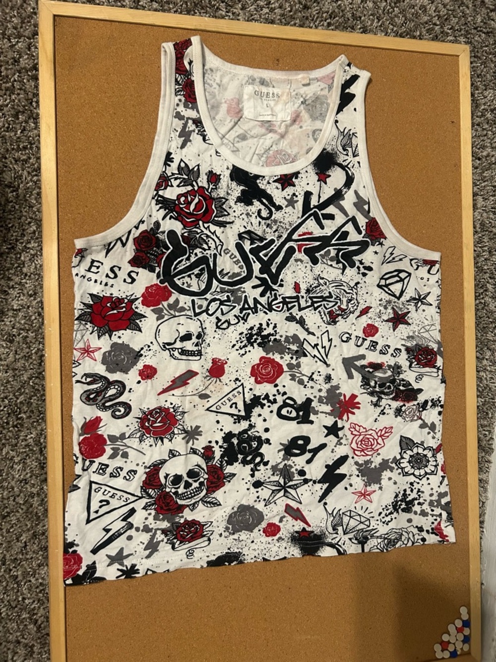 GUESS White Graphic Tank Top with Red & Black Print